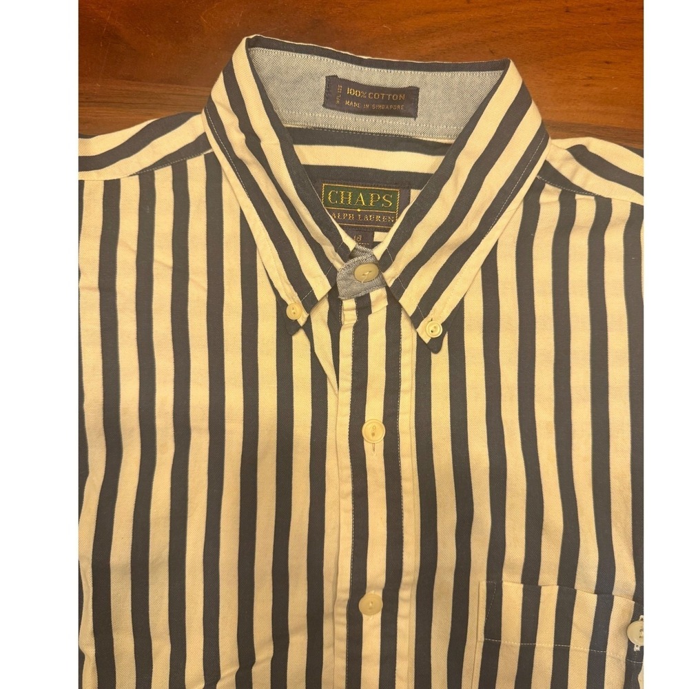 Vtg CHAPS Ralph Lauren Striped Button Down Shirt Men 16 (32/33) Blue White Cottn